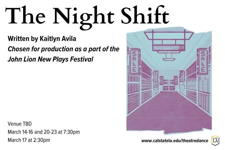 Horizontal flyer for "The Night Shift" with blue tinted artist rendering of a grocery store aisle