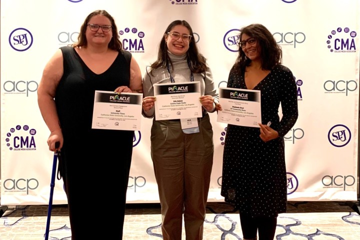 University Times Managing Editor Victoria Ivie, Editor-in-Chief Mia Alva and Advisor Julie Patel Liss accept the awards.