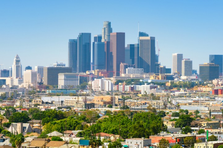 dtla with tall building and homes