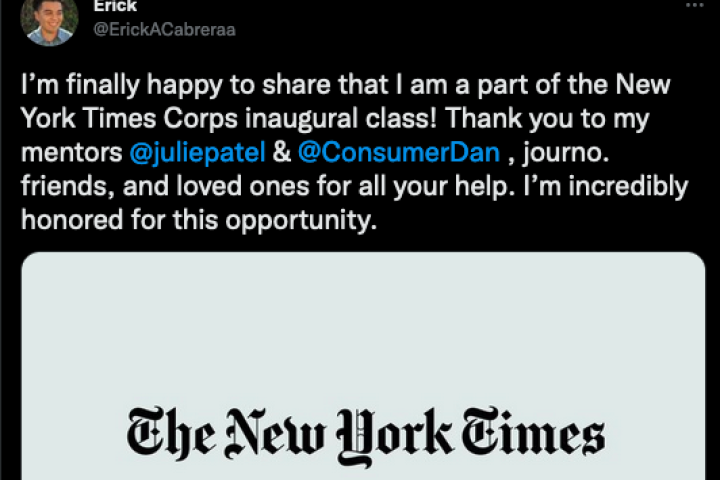 Erick Cabrera selected for The New York Times Corps
