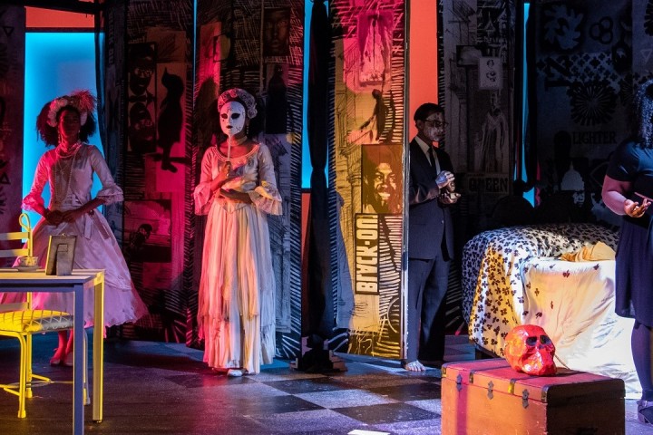 Five actors onstage in King Hall Studio in a scene from "Funnyhouse of a Negro"