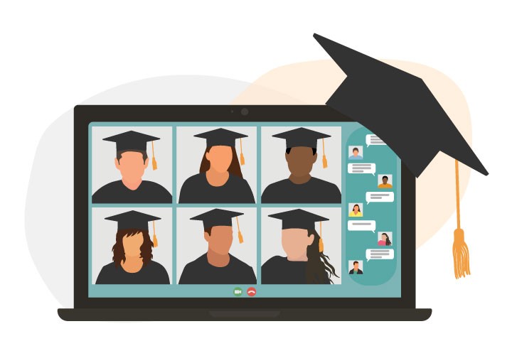 illustration of grads in cap and gown on laptop screen