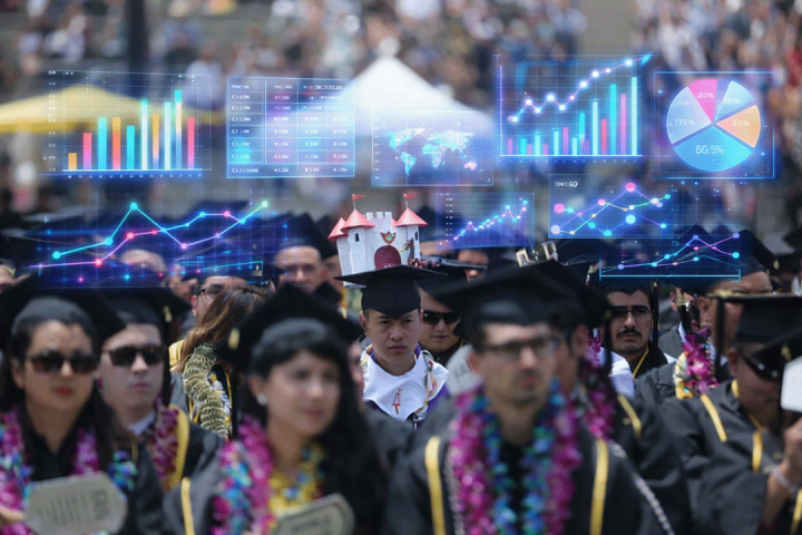Photo of graduating students with general analytics, graphs, and pie charts floating above