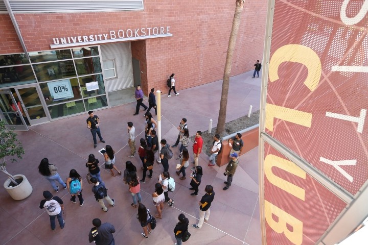 Students walking through hallway near Cal State LA Bookstore