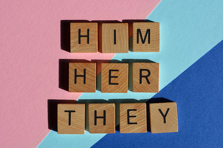 Wooden tiles displaying the pronouns Him, Her and They
