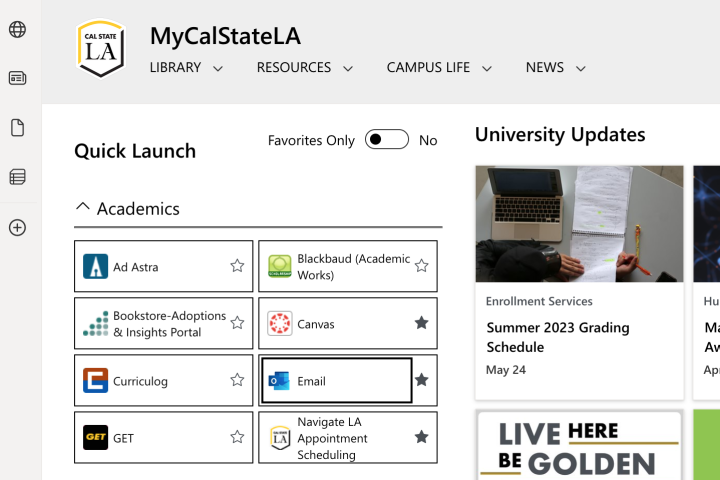 Screenshot of the MyCalStateLA Quick Launch page