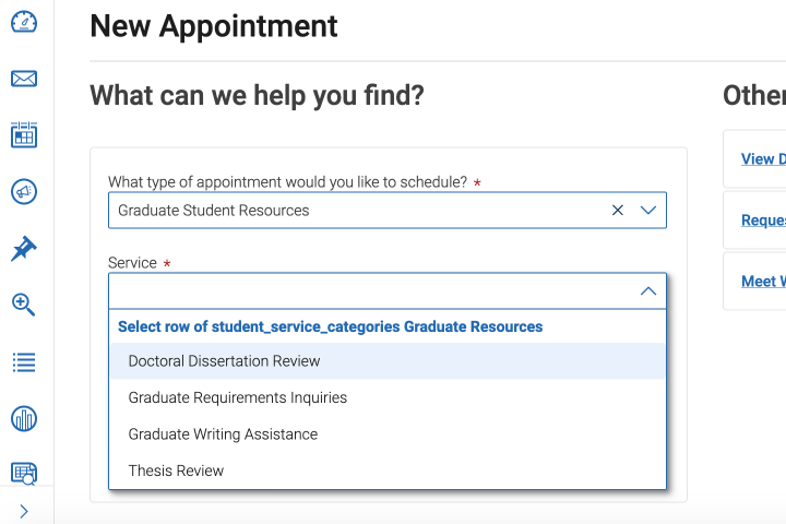 Screenshot of service options in Navigate LA