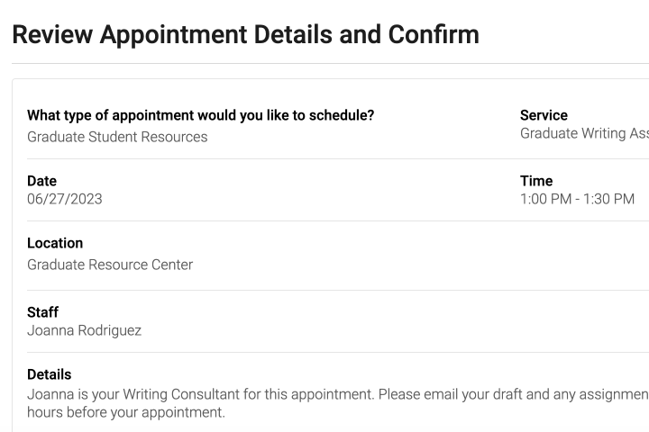 Screenshot of appointment confirmation screen in Navigate LA