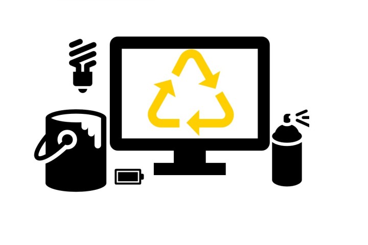 recycle icon with monitor, paint, lightbulb, and aerosol icons.