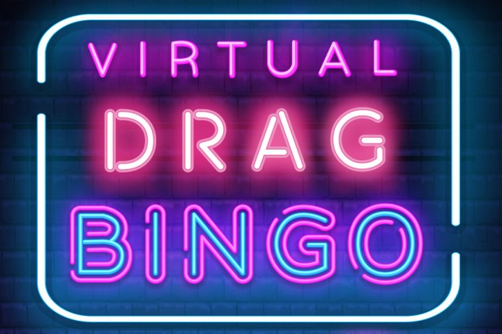 Virtual Drag Bingo in neon lights.