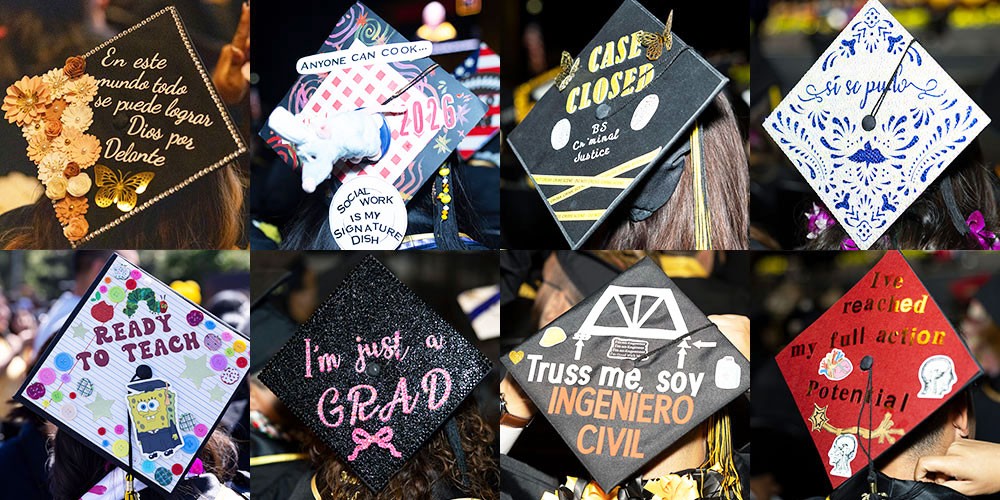 A collage of eight decorated graduation caps arranged in a two-row, four-column grid. Each custom mortarboard celebrates a graduate's unique journey with creative artwork, inspirational messages, and designs representing different majors, including teaching, social work, criminal justice, and civil engineering. The graduates are photographed from behind against a softly blurred commencement crowd, drawing attention to the colorful cap designs.