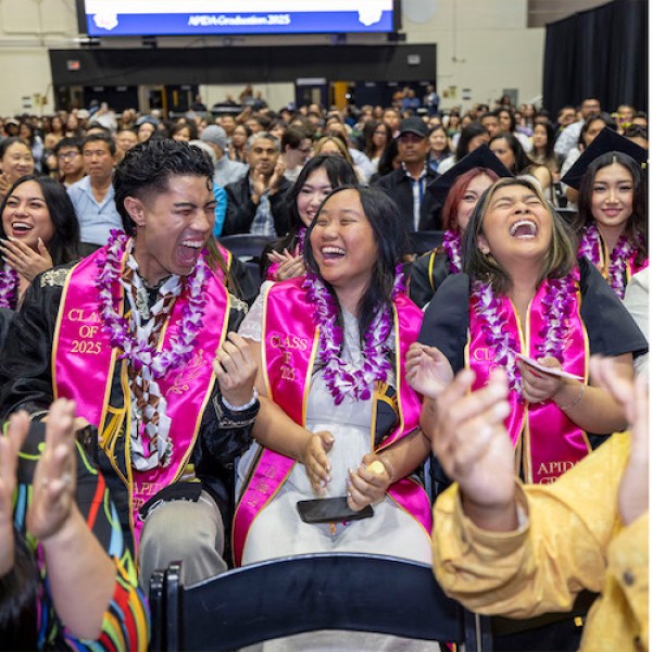 Three graduation scenes: two graduates posing, a group cheering during the ceremony, and a graduate in a floral crown smiling outdoors.