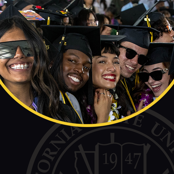 Commencement website mobile banner with group photo and University seal