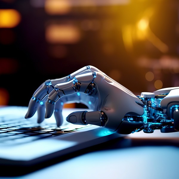 Robot hand typing on the computer