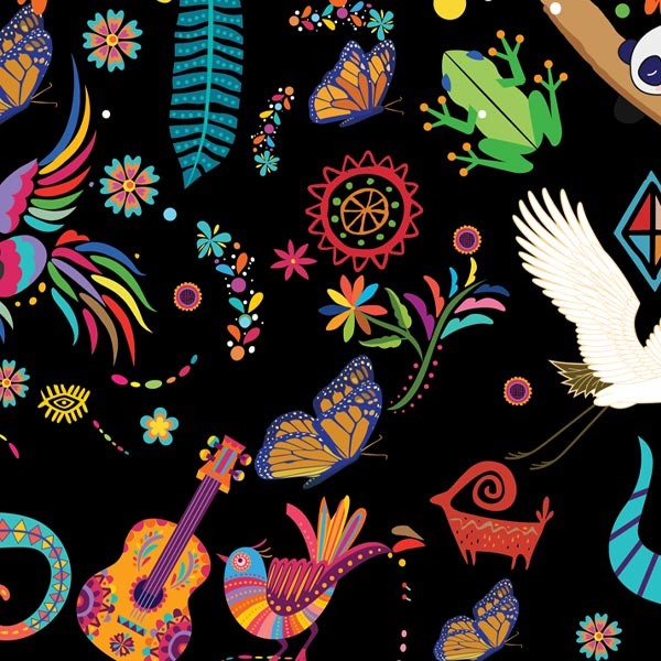 A mural of many birds on a black background.