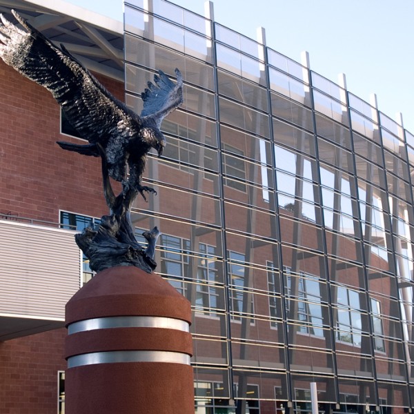 photograph of cal state la golden eagle statue and part of golden eagle building