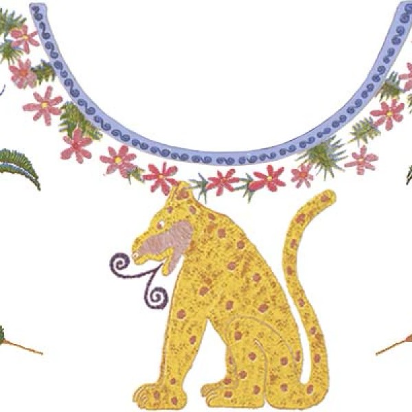 Decorative embroidered-style banner featuring symmetrical Mexican-inspired motifs, including a central yellow jaguar, hummingbirds, birds, geometric shapes, bicycles, and floral elements arranged on a light background.