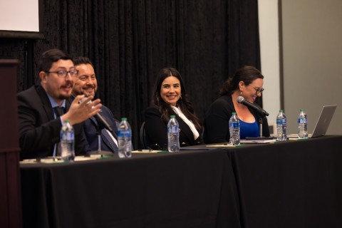Mayor Celeste Rodriguez of San Fernando, Councilmember Gustavo V. Camacho of Pico Rivera, Mayor Pro Tem Salvador Melendez of Montebello, and Danielle Soto, Director of the Three Valleys Municipal Water District sitting on the panel