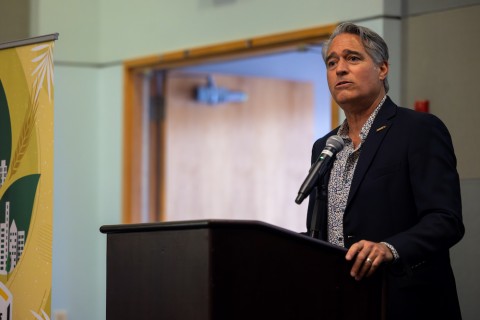 Dean Réne Vellanoweth delivers opening remarks at Pérez-Silverman Symposium