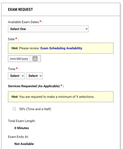 Screenshot of Exam Request section of profile with options to enter information 
