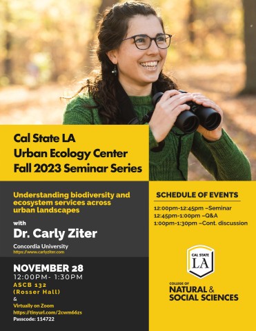 Event flyer with Dr. Carly Ziter holding a pair of binoculars