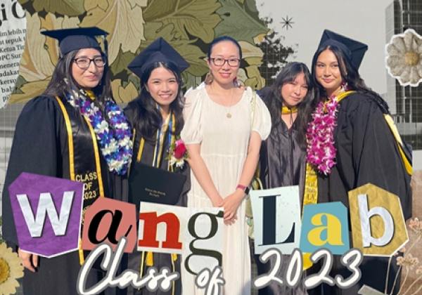 2023 Graduating Members of the Wang Lab Pictured With Dr. Wang