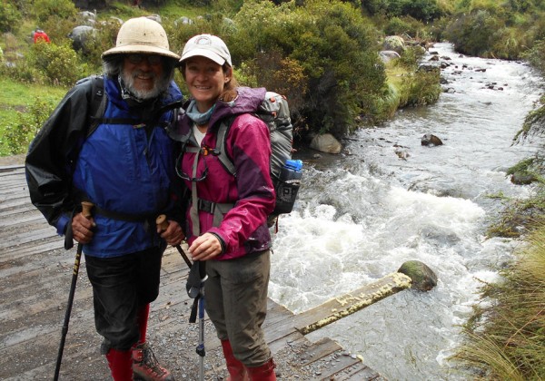 Cal State LA Professor Jennifer Garrison (right) meets a local Andean mountaineer, Marco Cruz (left).