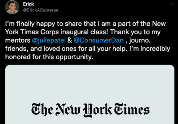 Erick Cabrera selected for The New York Times Corps