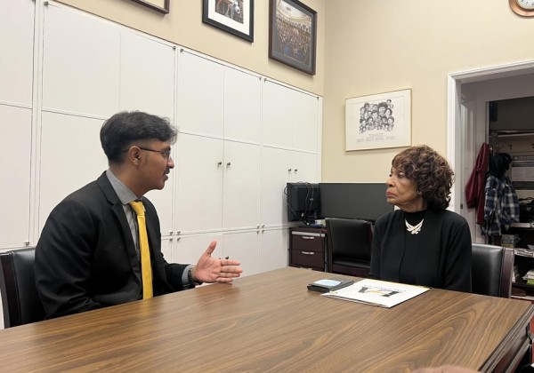 Cal State LA student meets with Congresswoman Maxine Waters in her office to discuss policy and student advocacy.