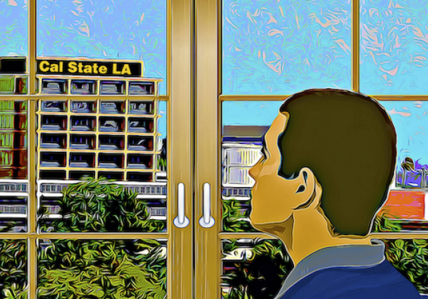 Vector of Sal Rojas looking at Cal State LA's Salazar Hall
