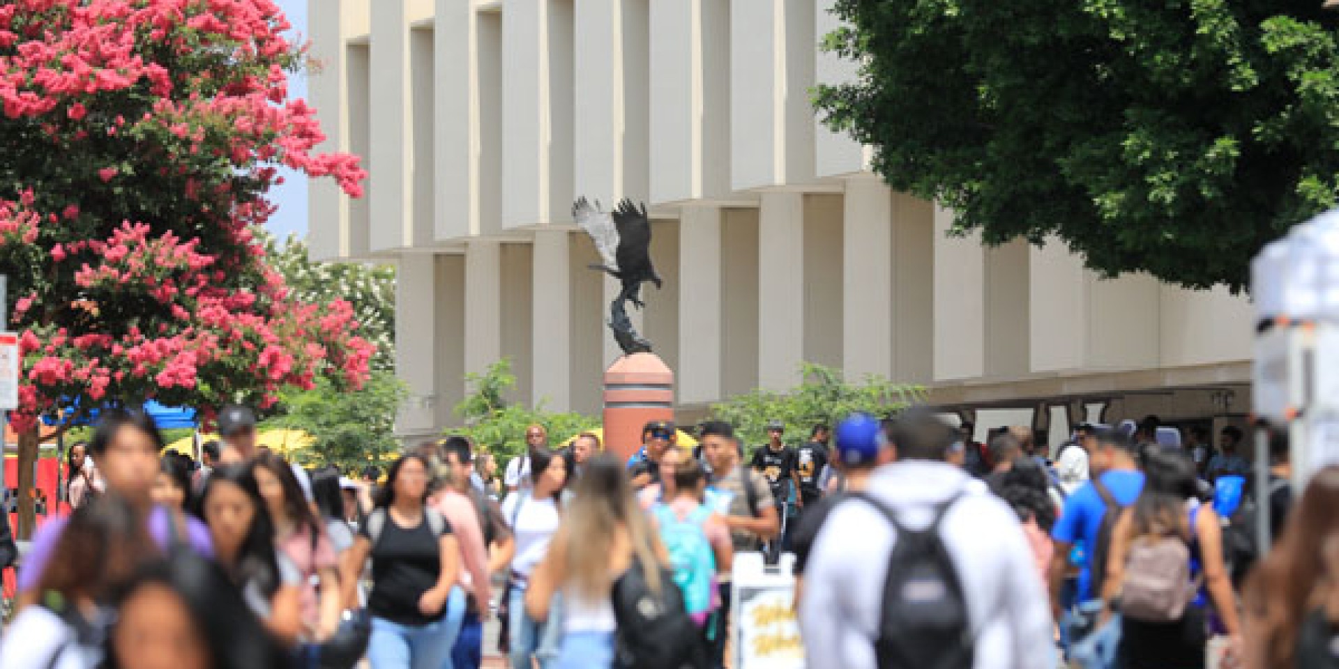 A walkway full of students with an eagle statue visible in the distance.