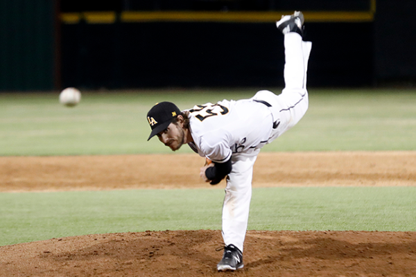 Image of a Cal State LA pitcher on the mound, mid-throw. 