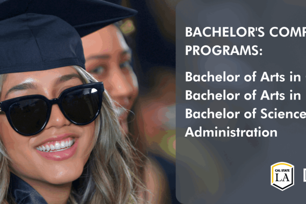 Cal State LA female graduate wearing black cap, gown and sunglasses.
