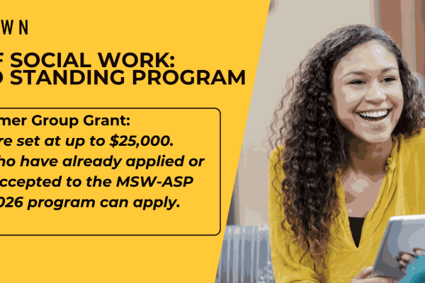 Female social worker holds tablet and is smiling as she talks with client. Cal State LA Downtown logo. Current and newly admitted MSW-ASP students apply by April 15 for the Ballmer Grant and MSW-ASP Program.