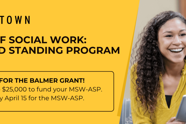 Female social worker holds tablet and is smiling as she talks with client. Cal State LA Downtown logo. Current and newly admitted MSW-ASP students apply by April 15 for the Ballmer Grant and MSW-ASP Program.