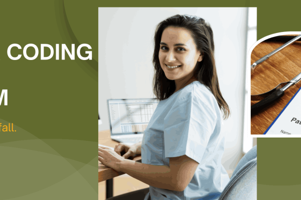 Woman in medical office at computer. Billing statement.
