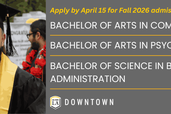 Cal State LA Downtown logo. Male Cal State LA graduate wearing a black cap and gown with yellow sash.