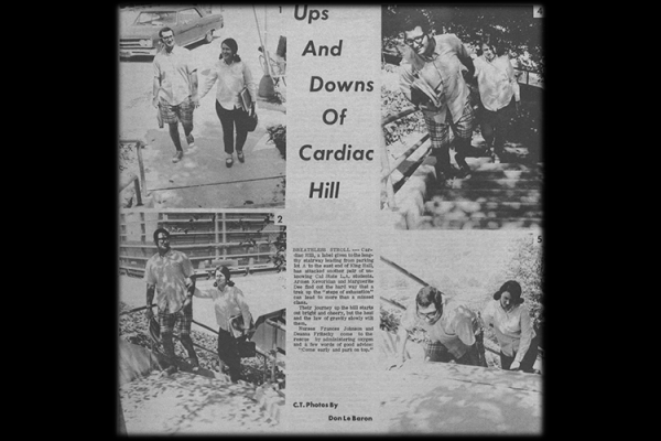 Newspaper clipping of Cal State LA cardiac hill featuring students walking up stairs