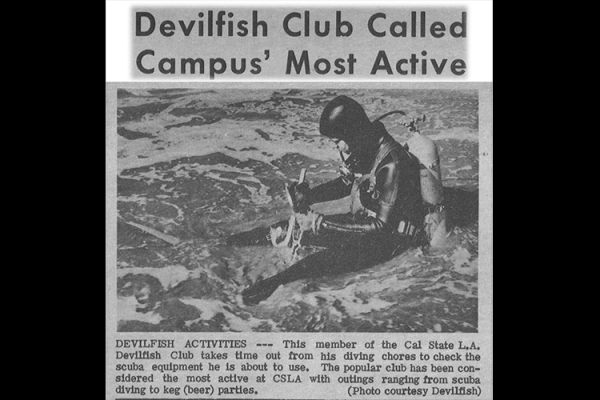 Man sitting in scuba gear. Img text: Devilfish Club Called Campus' Most Active