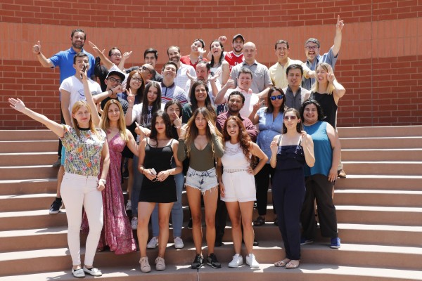 many students on stairs