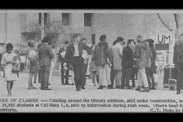 Cal State LA students near library and cafeteria during the first week of school in the 1960s