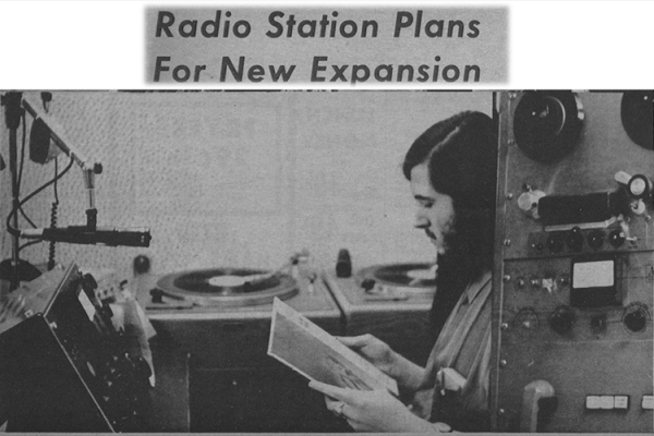 Newspaper clipping with man in radio station. Text: Radio Station Plans for Expansion