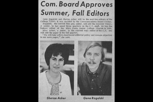 Newspaper clipping of Sheree Acker and Greg Rogalski. Text: Com Board Approves Summer, Fall Editors