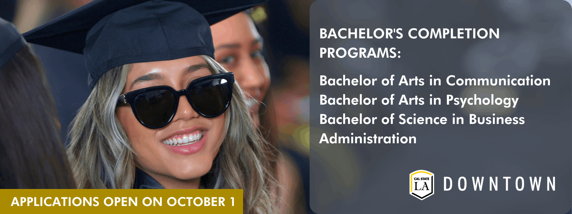 Graduate in black grad cap wearing sunglasses.