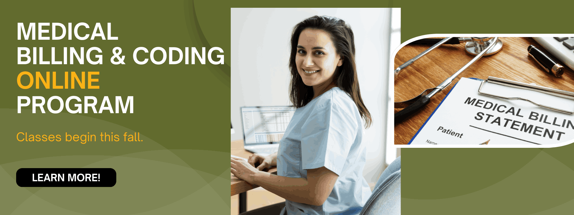 Woman in medical office at computer. Billing statement.