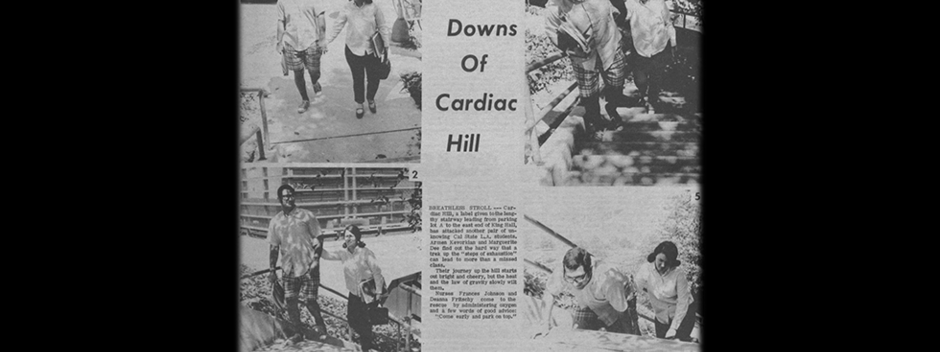 Newspaper clipping of Cal State LA cardiac hill featuring students walking up stairs