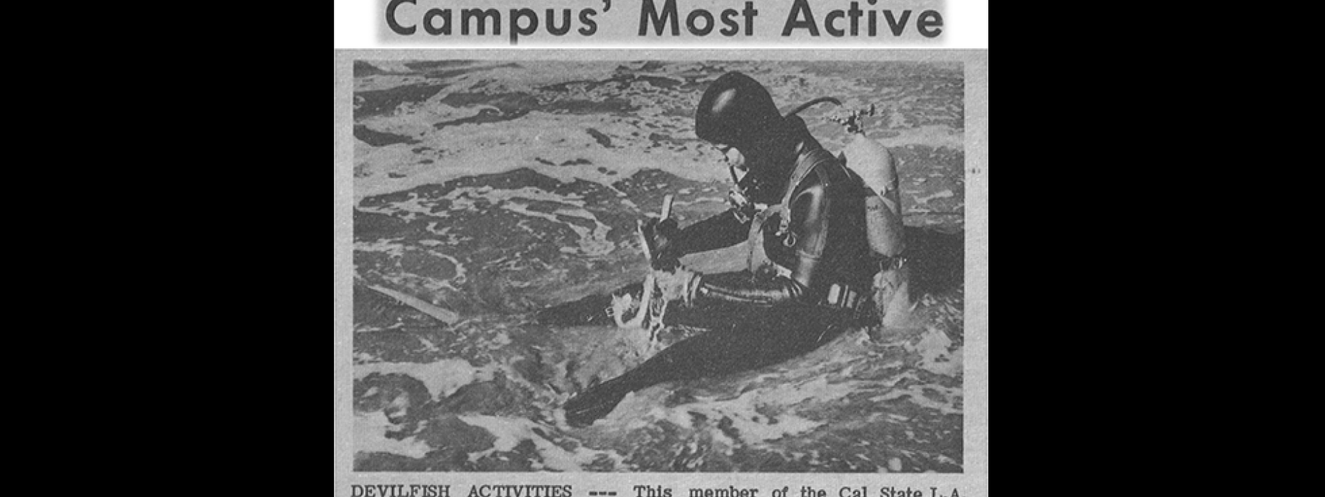 Man sitting in scuba gear. Img text: Devilfish Club Called Campus' Most Active