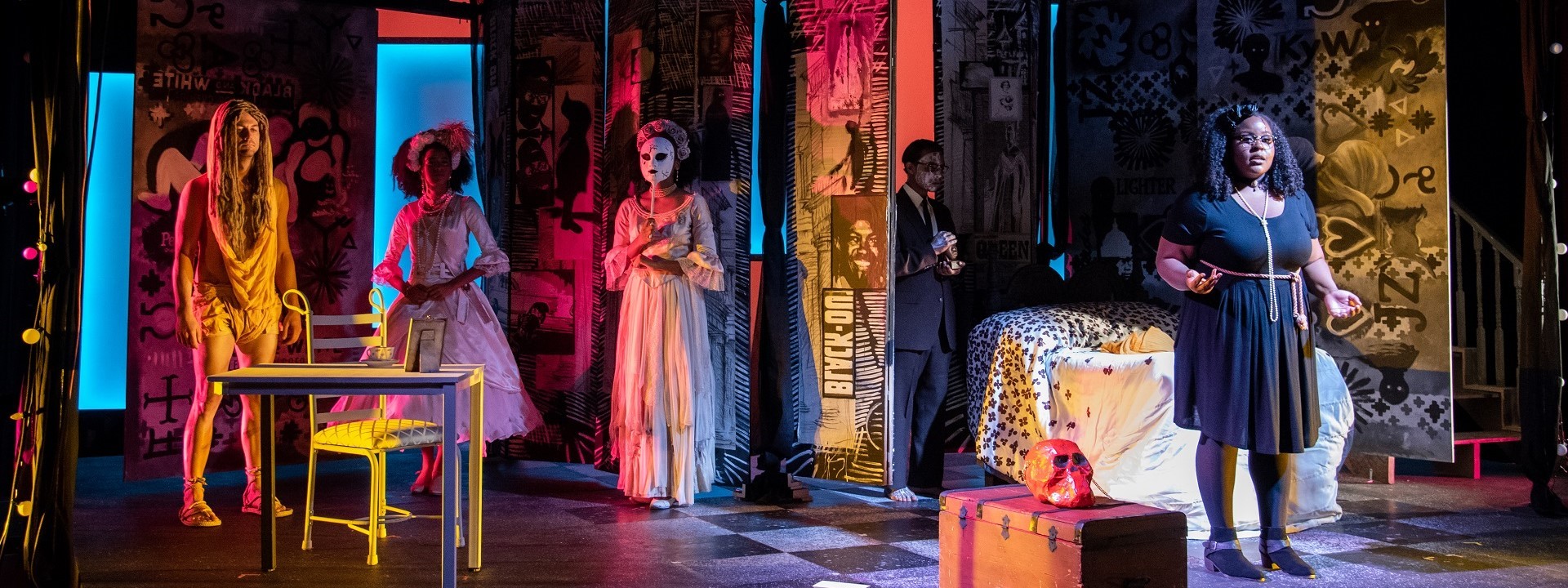 Five actors onstage in King Hall Studio in a scene from "Funnyhouse of a Negro"