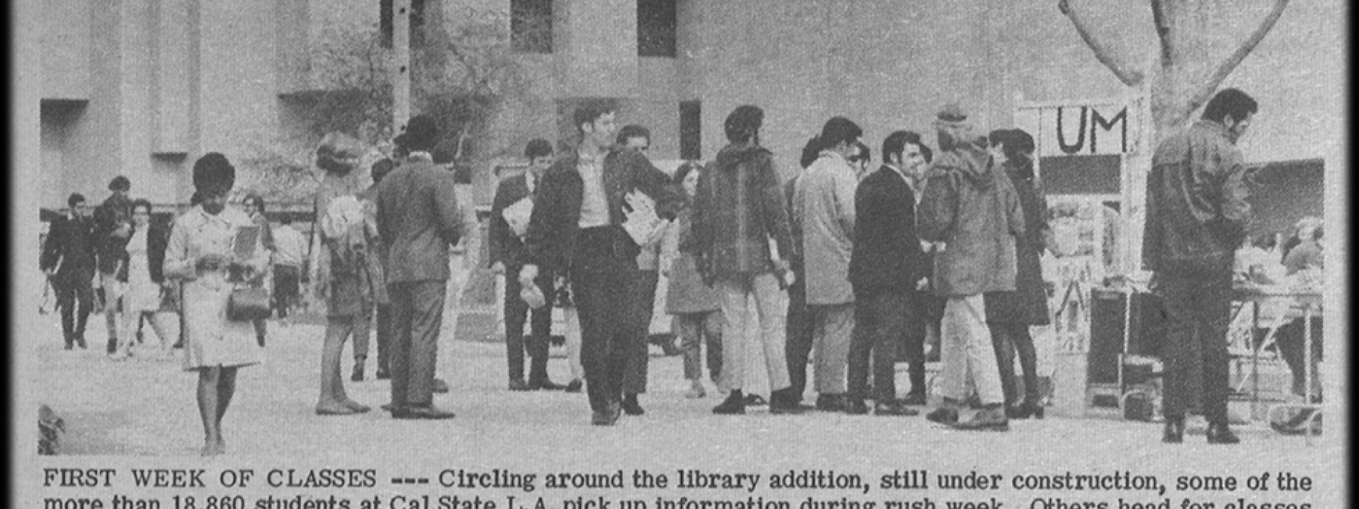 Cal State LA students near library and cafeteria during the first week of school in the 1960s