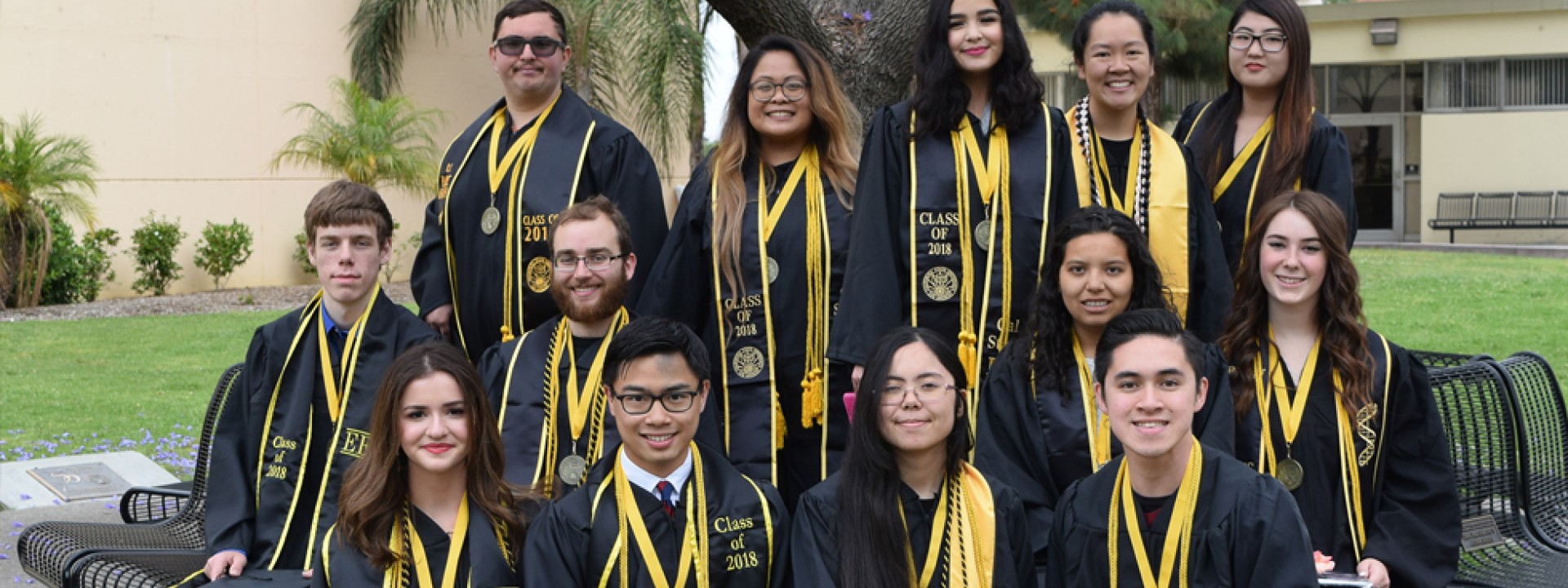 Group of Honors College graduating students in Commencement regalia, gathered in front of the jacaranda tree on campus. 